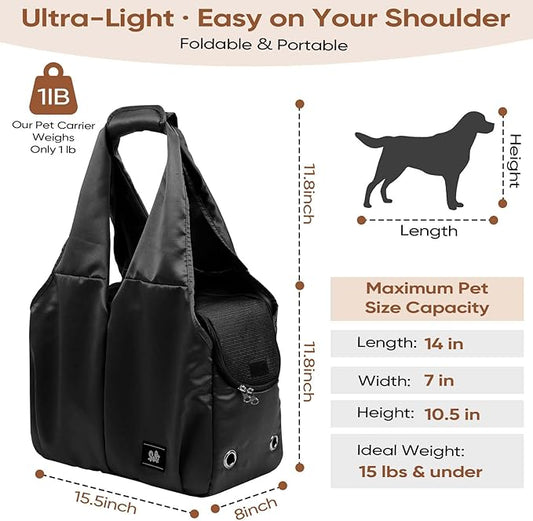 Dog Purse Carrier for Small Dogs, Cats, and Puppies – Soft-Sided Travel Pet Tote Bag with 4 Large Pockets, Foldable, Lightweight, Fits Pets up to 15 lbs, for Travel, Outings (Black)
