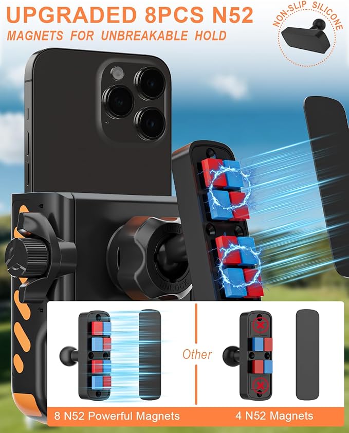 Magnetic Golf Cart Phone Holder Mount Compatible with iPhone/Galaxy/Google Pixel, Fits EZGO Club Car Yamaha, Ultra Strength Magnet/360° Rotatable/1s Phone Clip Install & Golf Cart Accessories