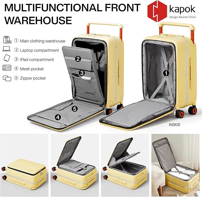 mixi Checked Luggage Wide Handle Luxury Design Rolling Travel Suitcase PC Hardside with Aluminum Frame Hollow Spinner Wheels, with Cover, 24 inch, Lark Yellow