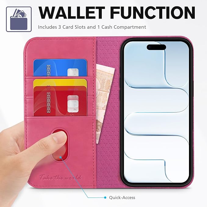 TUCCH Case Wallet for iPhone Air (6.5-Inch) 2025, [3 Card Slots] Kickstand [RFID Blocking] PU Leather Case, Flip Folio Cover with [TPU Shockproof Interior Shell], Hot Pink