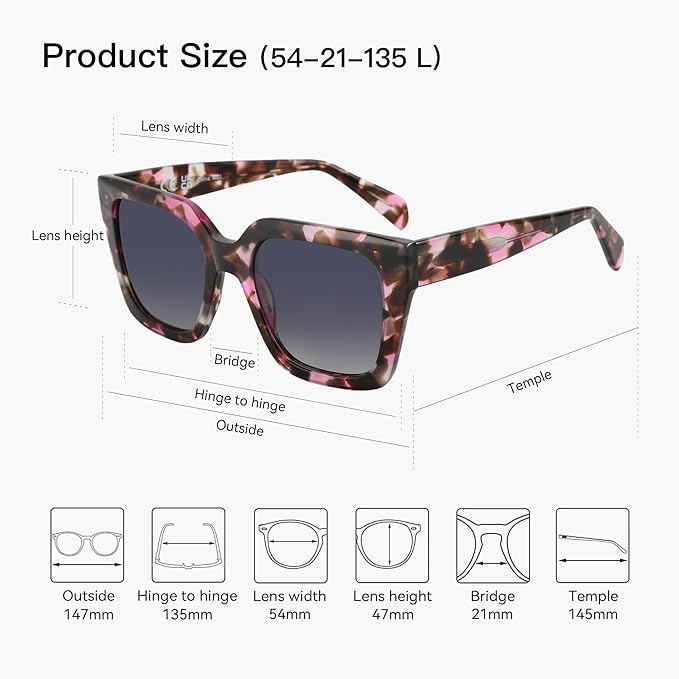 ZENOTTIC Oversized Polarized Square Sunglasses Women Trendy Sun Glasses Retro Designer Shade for Ladies UV400 Protection