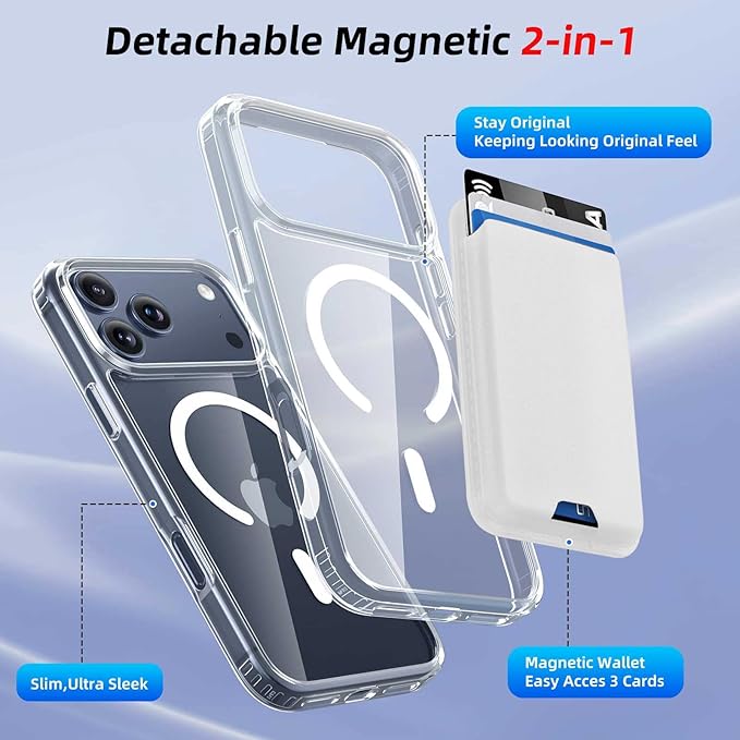 Ntwinro Magnetic for iPhone 17 Pro Max Clear Case (Compatible with MagSafe) with White Detachable Wallet & Card Holder for 3 Cards [RFID Blocking] Military Grade Protective Slim Phone Cover