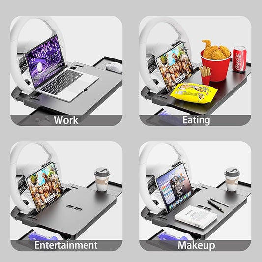 Steering Wheel Tray, Car Food Tray, Car Desk for Laptop, Multipurpose Car Table for Eating & Work, Adjustable Car Tray with Drawer and Anti-Slip Protective Adhesive