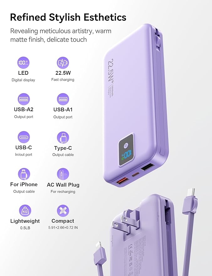 Portable Charger, 12000mAh 22.5W Fast Charging Power Bank with Built-in Cables & Wall Plug, Travel Essential Battery Pack with LED Display, USB C Battery Phone Charger for iPhone, iPad, Samsung Purple