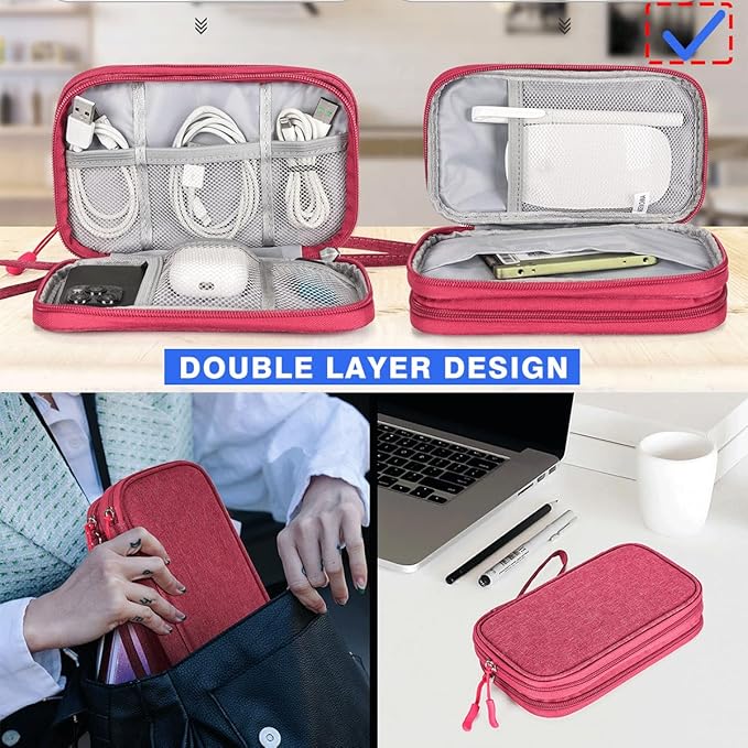 Small Cable Organizer Bag, Charger Organizer Case Pouch Travel Bag, Waterproof Electronics Accessories Case for USB, Cable, Cord, Charger, Phone, Power Bank, Earphone (Rose Red, Medium)