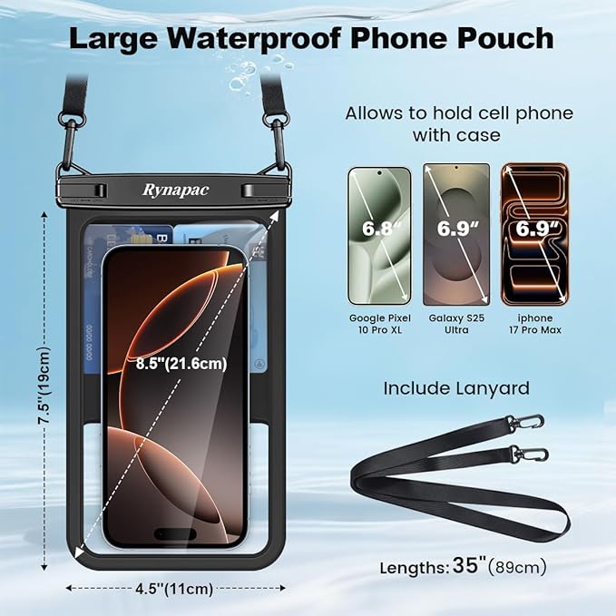 Waterproof Phone Pouch - 8.5in Waterproof Phone Case with Lanyard, IPX8 Cell Phone Dry Bag Beach Essentials for iPhone 17 16 15 14 Pro Max, Galaxy S25 S24 Series, 2 Pack