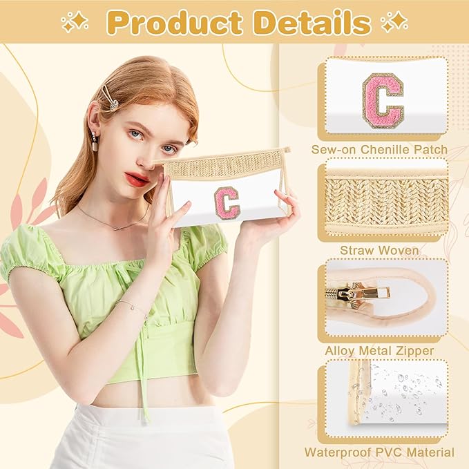 Small Boho Straw Initial Letter Makeup Bag Personalized Gift ,Cute Clear Chenille Patch Makeup Bag With Zipper,Trendy TSA Approved Travel Toiletry Bag,Gift for Women Girls Birthday Friend, Letter C