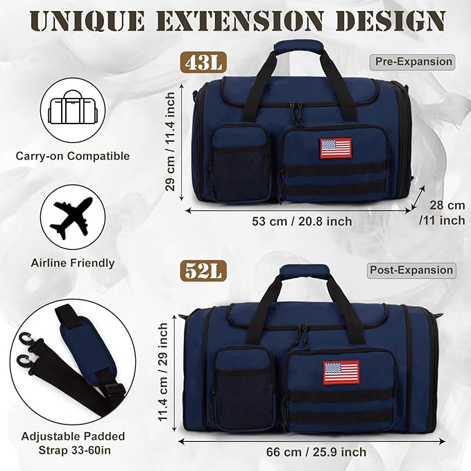 Tactical Duffle Bag For Travel Expandable 52L Large Duffle Bag For Men Gym Duffel With Wet Pocket Multi-Functional Carry On Bags Weekender Overnight Bag Organizer Duffel Bag For Travel