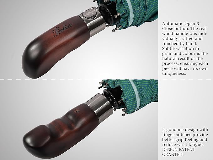 Balios Travel Folding Umbrella with Real Wood Handle Auto Open Close Vented Windproof Canopy - Designed in UK