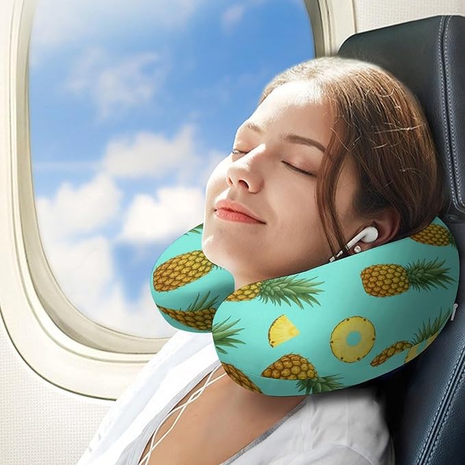 Chin Supporting U-Shaped Neck Pillow Memory Foam Travel, Pineapple Background U-Shape, Office Home Airplane Comfort