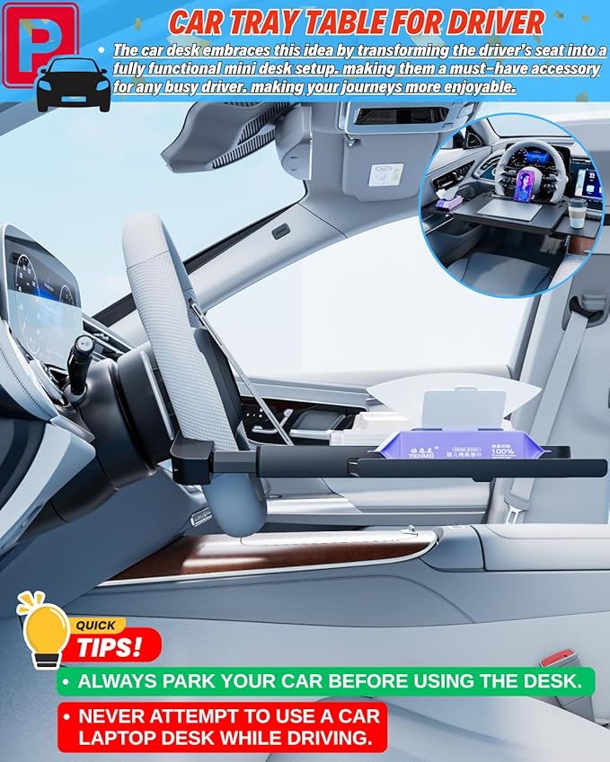 Portable Large Steering Wheel Tray Table for Car - Adjustable Laptop Holder Desk & Food Trays, Car Tray That Fits Over Steering Wheel Cover, Eating Food & Working, Driver Office Accessories