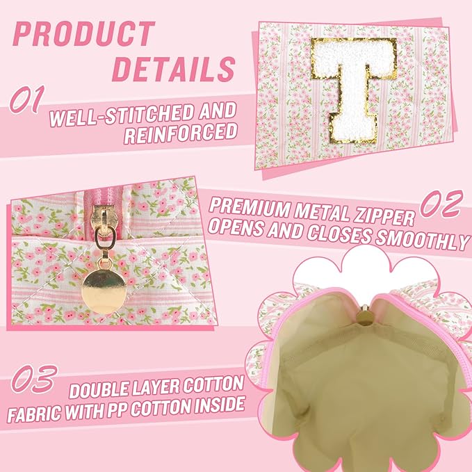 Personalized Quilted Cosmetic Bag, Puffy Monogrammed Christmas Birthday Gifts for Women & Girls, Cute initial Floral Makeup Bag Puffer Coquette Bag, Aesthetic Travel Toiletry Zipper Pouch(Pink,T)