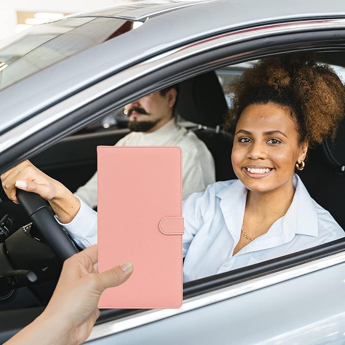 Car Registration and Insurance Holder, Leather Magnetic Shut Vehicle Glove Box Organizer for Document, Card, Driver License, Pink