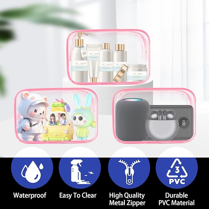 16-Piece Makeup Bags, Waterproof Toiletry Bag Carry Pouch Portable Cosmetic Bag PVCTravel Clear Pouches Carry-on Travel Essentials Transparent Storage Organizer Bag (Rose Pink-M)