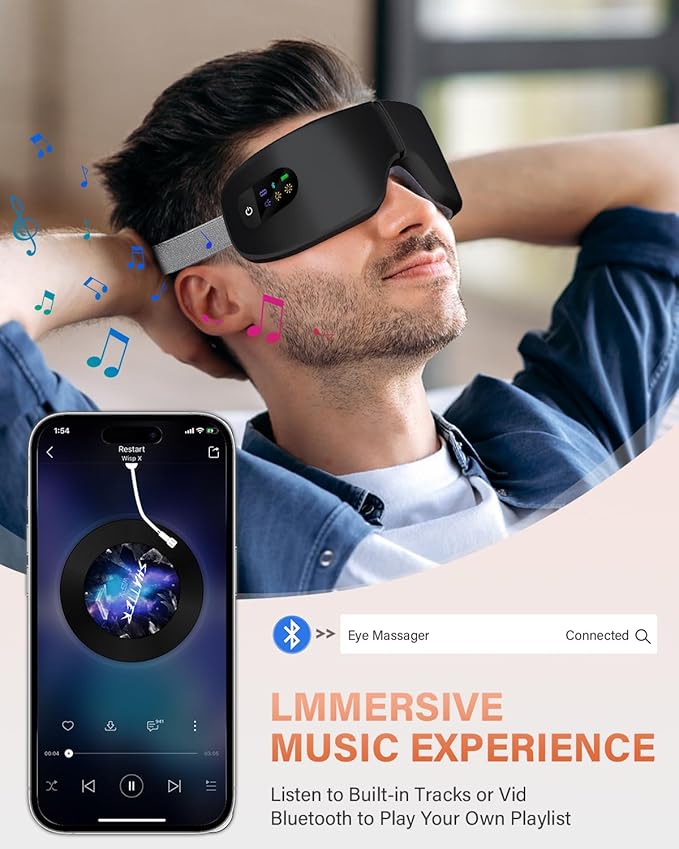 Eye Massager with Heat, 7 Massage Modes, Eye Mask, Birthday Gifts for Women, Men, Friend, Mom and Dad, Sleep Mask for Relax, Migraine Relief, Reduce Strain, Improve Sleep, Black