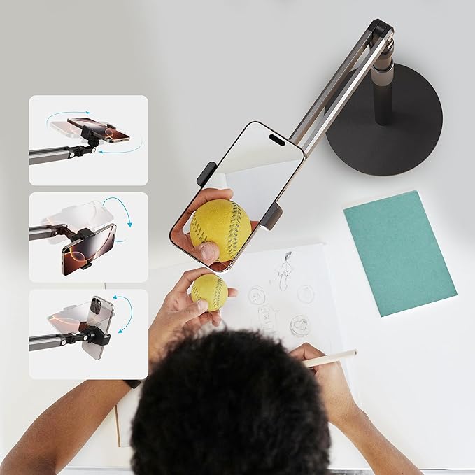 Phone Stand for Recording Overhead Desktop Phone Holder Mount with Flexible Extension Arm, Adjustable Height, for Video, Painting, Meeting, Fliming