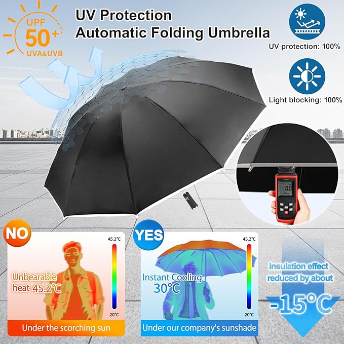 Travel Umbrella for Rain, Automatic Folding Windproof Umbrella with Case - Compact Reverse with 360° Reflective Stripe, Light & Portable Durable for Women & Men