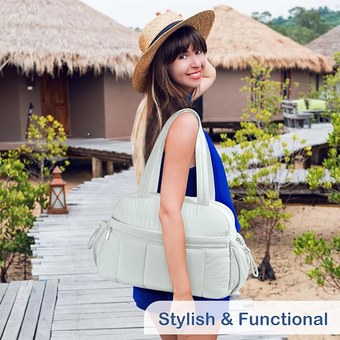 TOPDesign Travel Duffel Bag for Women, Puffer Gym Bag Sports Tote with Wet Pocket, Carry On Weekender with Luggage Sleeve (Serene Blue)