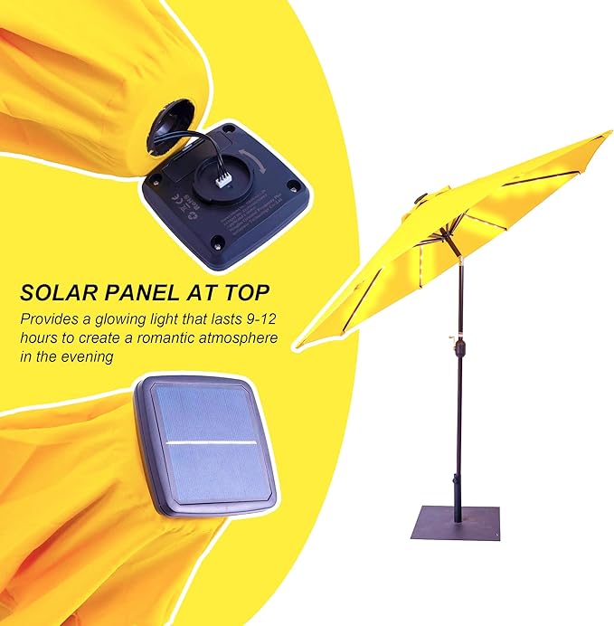 Sundale Outdoor 7 ft Solar-Powered 24 LED Lighted Patio Umbrella with Crank & Push Button Tilt for Garden, Deck, Backyard, Pool, 8 Ribs (Yellow)