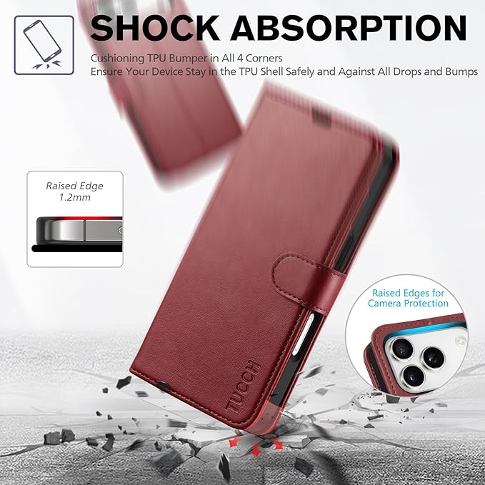 TUCCH Case Wallet for iPhone 17 Pro (6.3") 2025, Stand | RFID Blocking | 4 Card Holders | TPU Shockproof Inner Shell | PU Leather | Magnetic Closure Folio Protective Cover | Dark Red