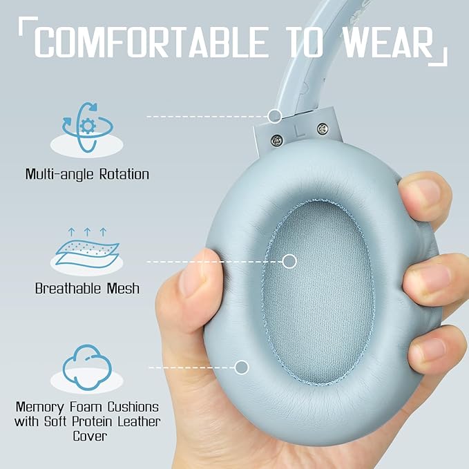 TUINYO Wireless Headphones - Noise Cancelling Over Ear Bluetooth Headphones with 60H Playtime, Deep Bass Hi-Fi Stereo Sound & Comfortable Earpads for Travel, Home and Office-Blue Gray