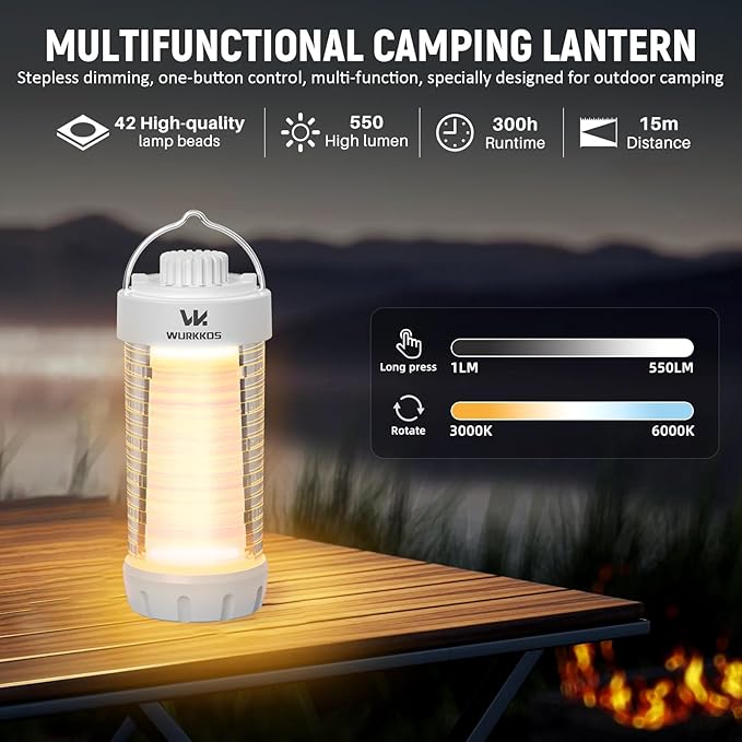Wurkkos CL01 Camping Lantern Rechargeable, 550LM Waterproof Tent Light with Magnet Base, Up to 300H Runtime,Portable Lantern Flashlight with RGB light,Emergency Camp Light for Hurricane,Hiking,Camping