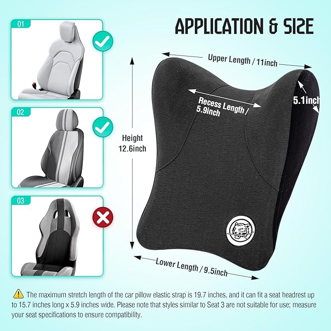 Car Neck Pillow for Driving Seat, Soft Memory Foam Headrest Pillow with Adjustable Strap and Removable Cover, Ergonomic Neck Support for Car, Office Chair, Gaming Chair – Dark Grey