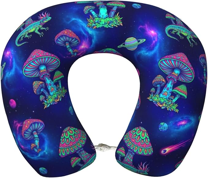 Neck Pillow Memory Foam Chin Cushion with Breathable Cover Trippy Mushrooms, Cute Airplane Car Pillows for Office Head Pain Relief