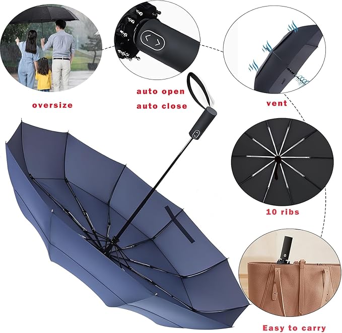 MRTLLOA 49/54/62 Inch Large Folding Golf Umbrella, Oversize Double Canopy Vented 10 Ribs Windproof Compact Travel Umbrellas for Rain
