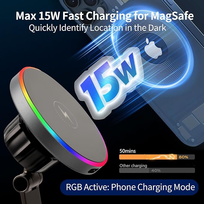Domiunier For iPhone MagSafe Car Mount Charger[15W Fast Wireless Charging, 120LBS Strongest Suction, 2800gf Strong Magnetic]360° Rotation Adjustable Car Phone Holders for Your Car Dashboard/Windshield