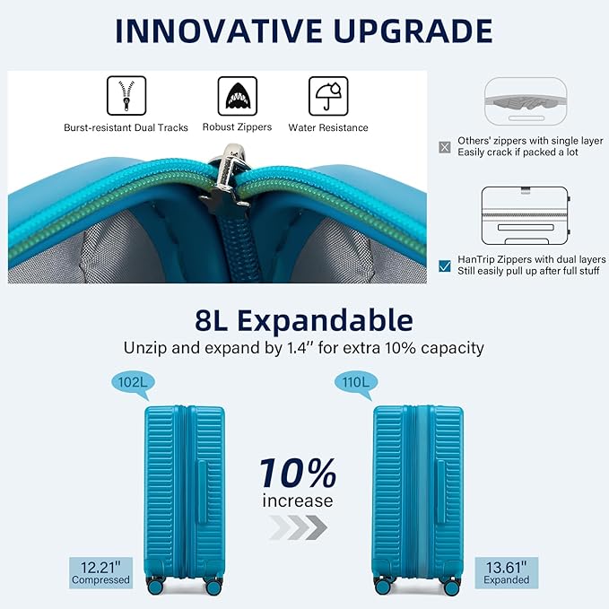 28 Inch Luggage Hard Shell Suitcases, Expandable Travel Checked Luggage 28 Inch, Large Check In Luggage with Spinner Wheels Cup Holder Charger Built in Lightweight Suitcase, Caribbean Blue