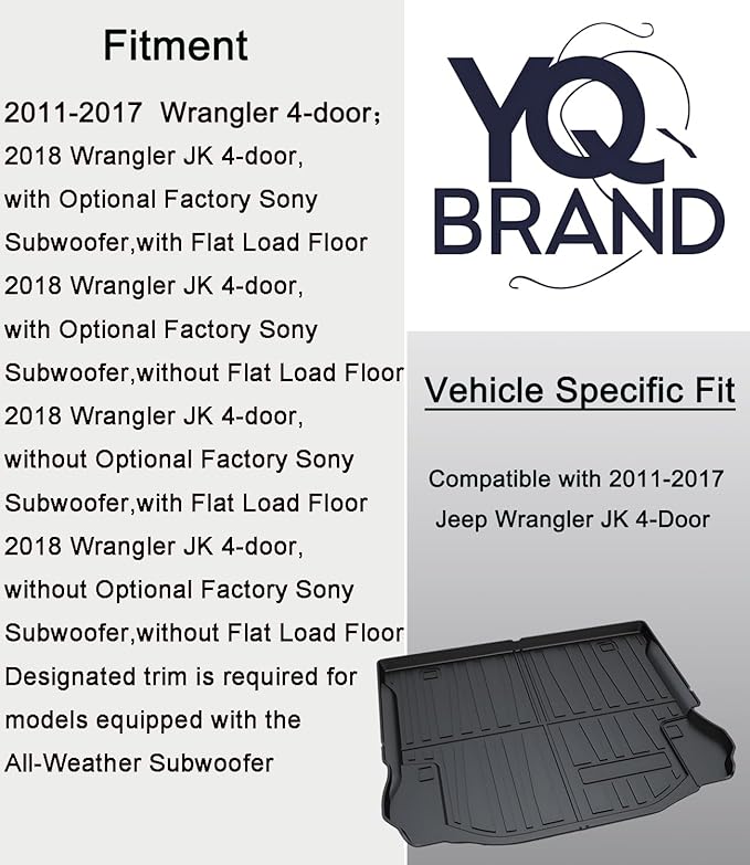 Wrangler Cargo Liners，Custom Fit Compatible with Jeep Wrangler 2011-2017 4-Door ＆ 2018 JK 4-Door All Weather Guard 3D Modeling Heavy Duty TPO Waterproof Rear Cargo Tray Trunk Floor Mat Protector