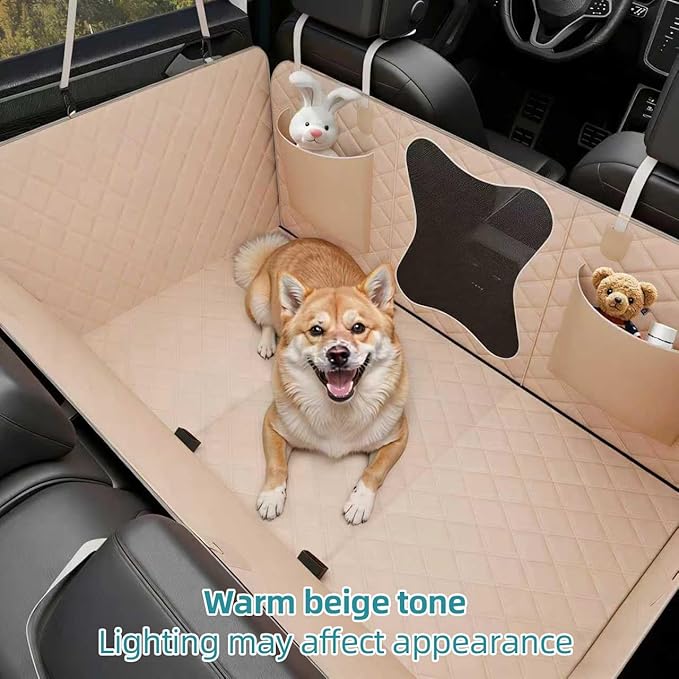 Waterproof Dog Car Seat Cover for Back Seat – Heavy Duty Back Seat Extender for Dogs with Hard Bottom, 7-Layer Protection, Non-Slip & Scratchproof, Easy to Install (Beige)