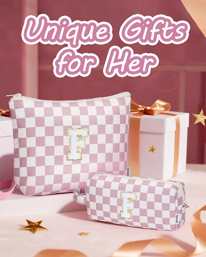 Narwey 2 Piece Personalized Initial Makeup Bag Checkered Cosmetic Bags, 6 8 10 11 12 13 14 16 18 Years Old Teen Girl Gifts Trendy Stuff Birthday Gifts for Women, Travel Toiletry Bag (Pink Letter F)