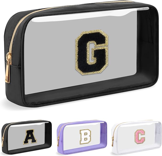 Personalized Initial Letter Clear Makeup Bag,Preppy Small Nylon&PVC Cosmetic Zipper Bag with Chenille Letter,Travel Skincare Toiletry Bag,Monogram Christmas Gift for Teen Girls Women,G