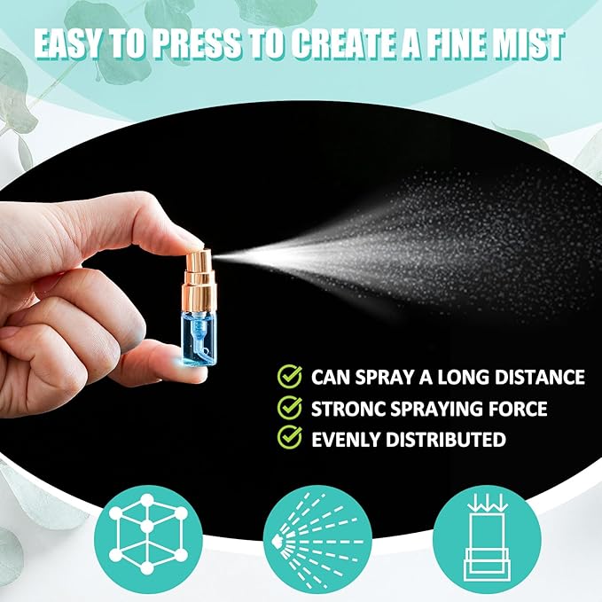 Zhehao 200 Pcs Mini Spray Bottles 2 ml Clear Glass Perfume Bottles Refillable Fine Mist Perfume Atomizer Portable Empty Sample Containers for Cleaning, Essential Oils, Travel (Gold Cap)