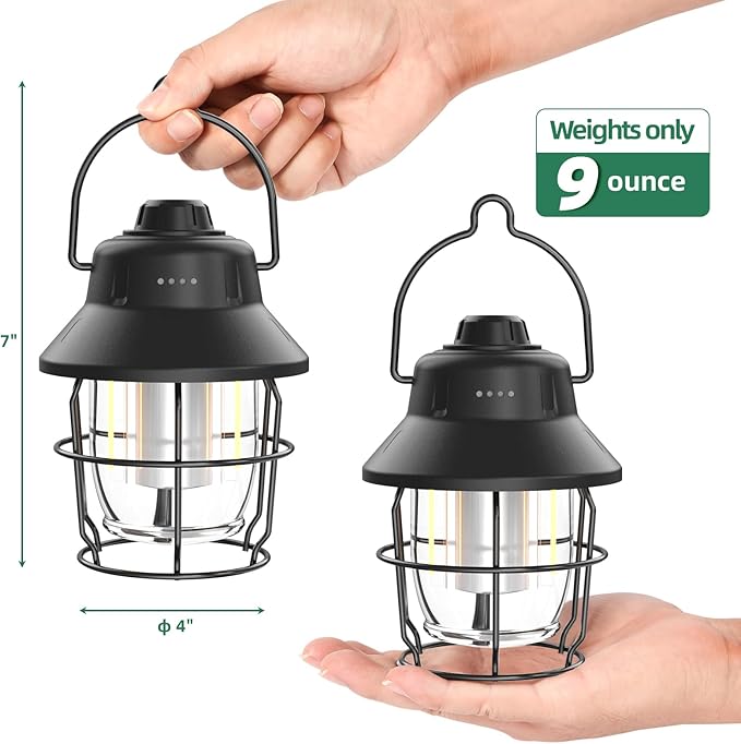 JINIU Rechargeable LED Camping Lantern, Mini Retro Portable Waterproof Lantern, 1000LM, 3 Light Modes (2700-6500K) Stepless Dimming Brightness, Hanging Tent Light for Camping, Power Outages