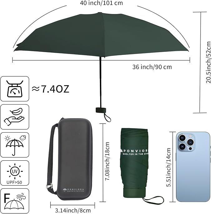Compact Mini Windproof Travel Umbrella-UPF 50+ Sun & Rain Protection, Small Folding Design Fits in Pocket or Purse, Lightweight Portable with Case for Women, Men & Kids