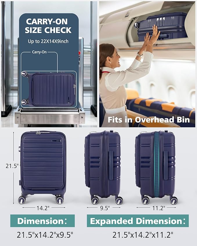 RAINSMORE Expandable Carry on Luggage 20 Inch, Airline Approved Carry on Suitcase with Front Pocket&Laptop Compartment, Hardshell Rolling Travel Luggage with Spinner Wheels,Royal Blue