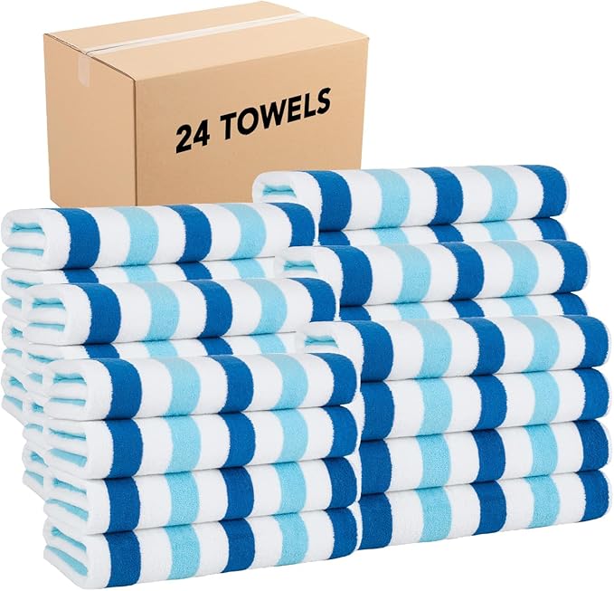 Arkwright Cabo Cabana Stripe Beach Towel Bulk - Case of 24 - Large Soft Quick Dry Cotton Terry Towels for Pool, Swim, and Hot Tub, Oversized 30 x 70 in, Tropical Breeze/Skydive Blue