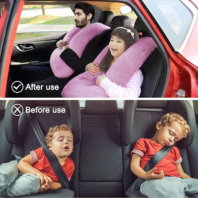 Travel Pillow, Travel Pillow for Kids, Sleeper Hold Pillow Travel, Removable U-Shaped Pillow for Adults and Children to Support Head and Body in The Back Seat of Long Car Trips(Pink Purple)