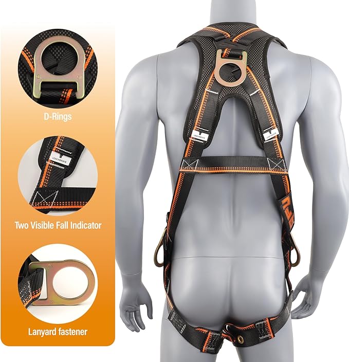 QFU Full Body Safety Harness & Fall Protection Kit with Padded Straps, ANSI Compliant, Includes Shock-Absorbing Lanyard for Roofing, Construction and Industrial Use