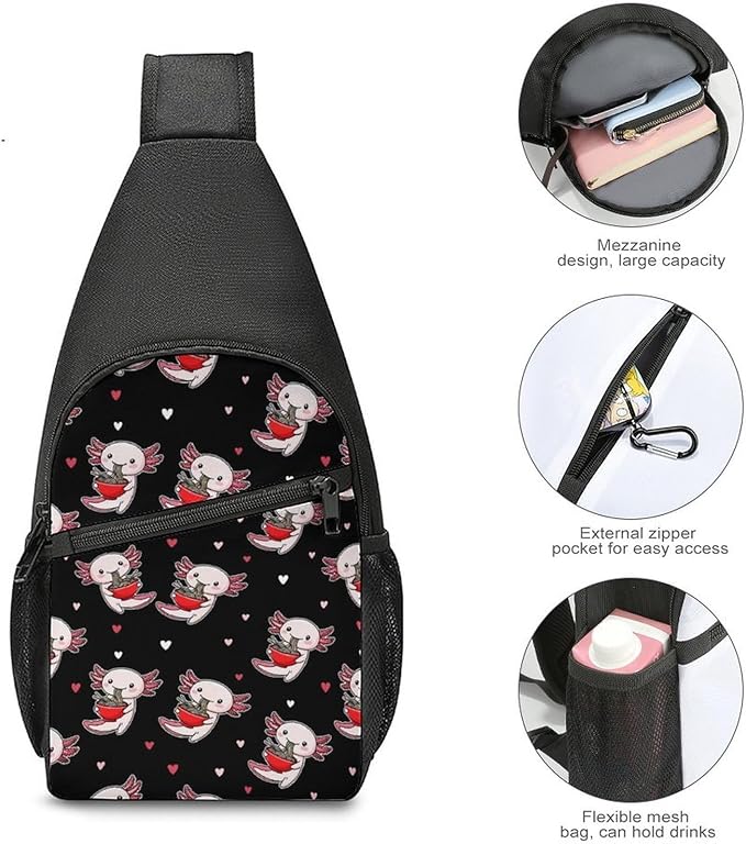 SWEET TANG Elegant Chest Cross Body Bag Cute Axolotl Sling Shoulder Backpack for Women, Adjustable and Comfortable Gym Sack, Anti Theft Cycling Traveling Hiking Daypack