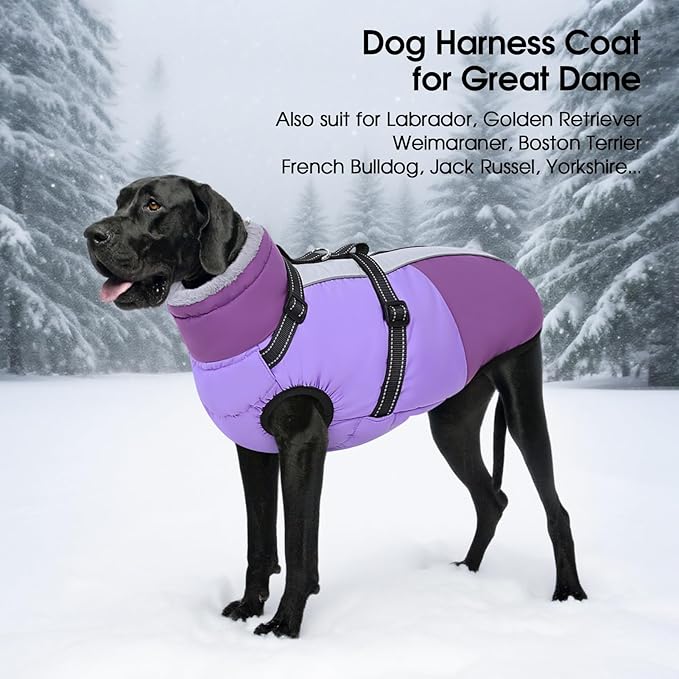 SUNFURA Dog Coat, XXXL Dog Jacket with Harness Built in, Waterproof Pet Winter Coat Snowsuit with Zip, Reflective Fleece Jacket for Extra Large Dogs, Great Dane, Purple 3XL