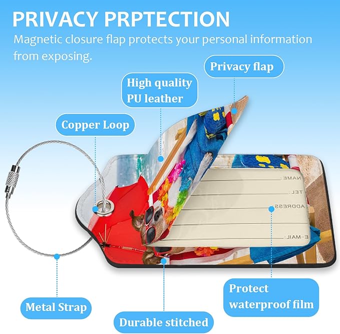 2 Pack Luggage Tag for Suitcase,Funny Dog Luggage Tag with PU Leather Privacy Cover ID Label & Stainless Steel Loop for Women Men Travel Bag Suitcase