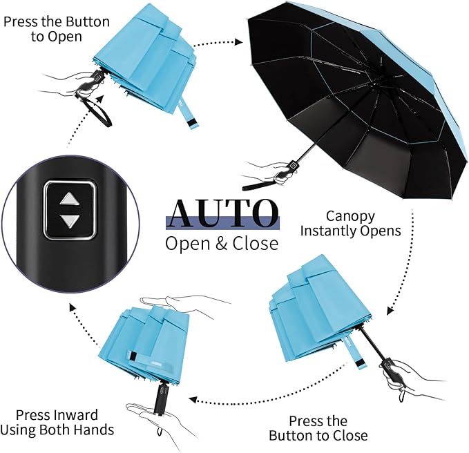 Yoobure Windproof Travel Umbrella with Wood Handle - Automatic Umbrellas for Rain & UV Sun Protection, Compact 46" Large Canopy, Lightweight Backpack Portable for Walking & Outdoor