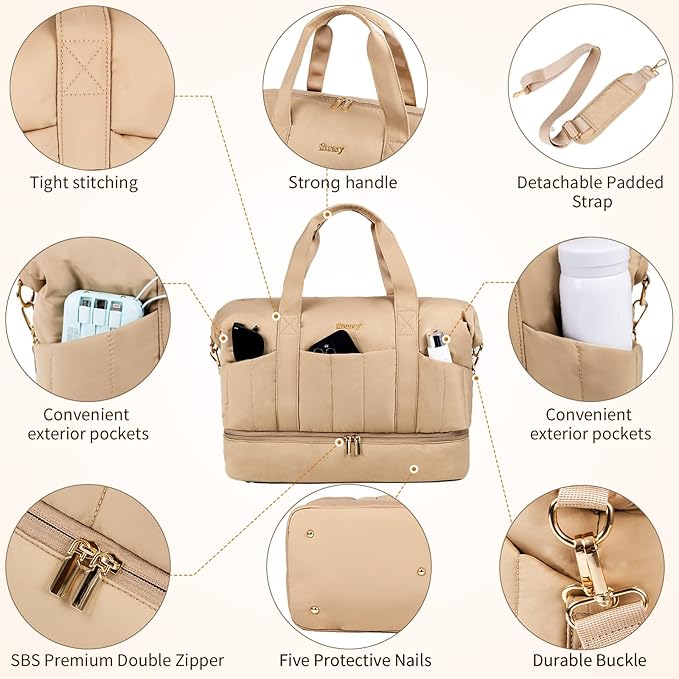 Weekender Bag, Large Travel Duffel Bag for Women, Carry on Overnight Bag with Shoe Compartment and Toiletry Bags
