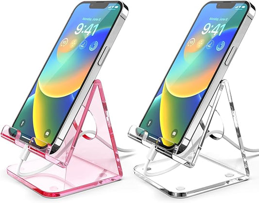 TOPGO 2 Pack Acrylic Phone Stand, Phone Holder for Office Desk, Vanity, Kitchen Counter, Bedside Table, Compatible with iPhone 17 16 15 14 13 12 11 Pro Max Plus/Smartphones/iPad/Switch - Clear & Pink