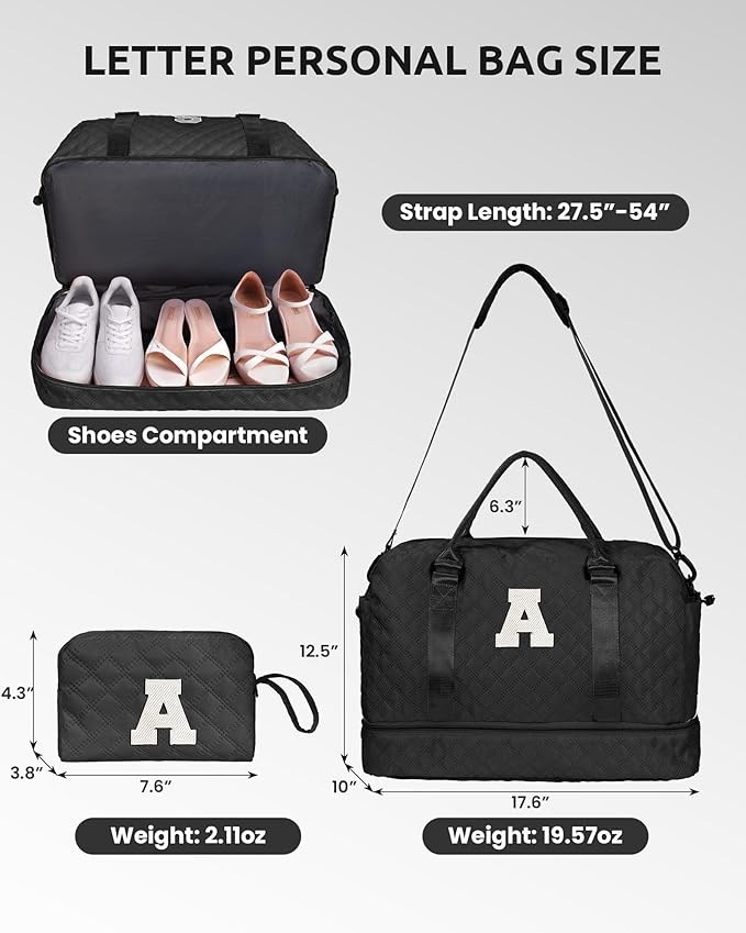 Vogewood Personalized Initial Duffel Bag, Black, Medium, Polyester, 12" x 7" x 2"