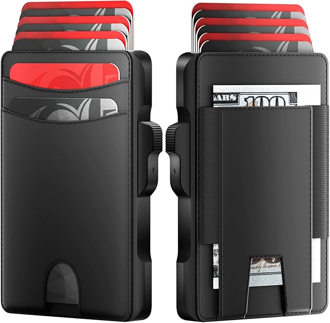 Minimalist Mens Wallet Card Holder: Pop Up Card Case, Genuine Leather, Smart, RFID Blocking, Slim, Thin, Front Pocket, Gift Box - 9-12 Card Capacitiy, Cash Pocket (Black)